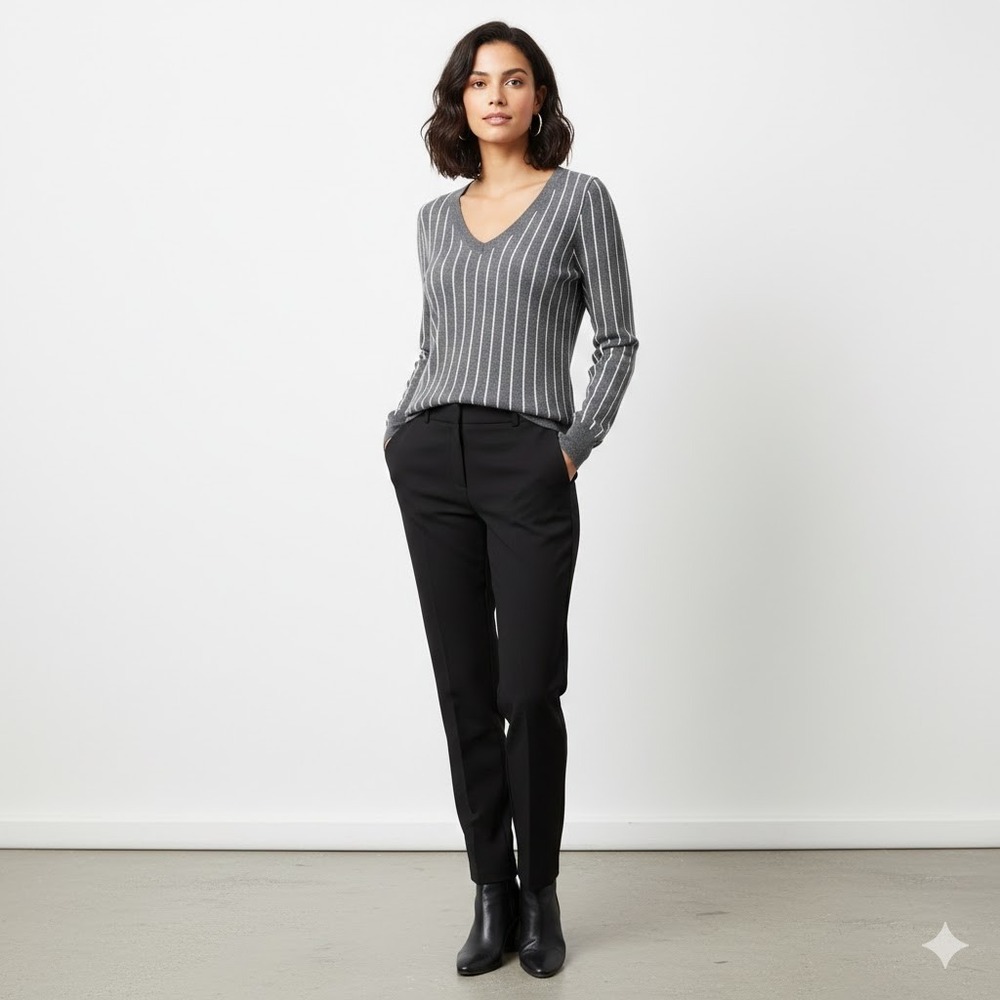 Pinstripe Soft Knit Sweater Gray White V-Neck Preppy Quiet Luxury Small Academia